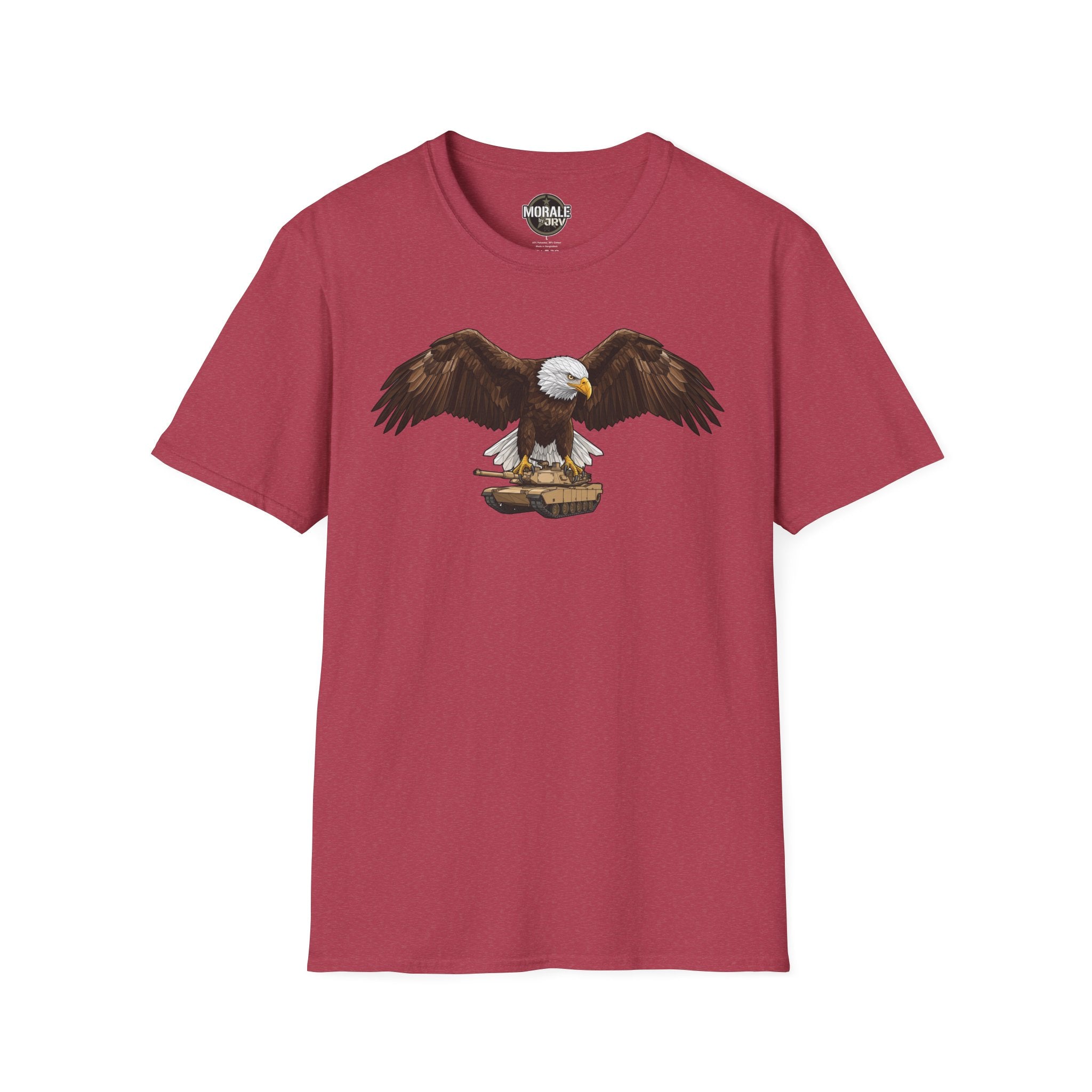 Camiseta burdeos con águila calva patriótica de alas abiertas, diseño al frente