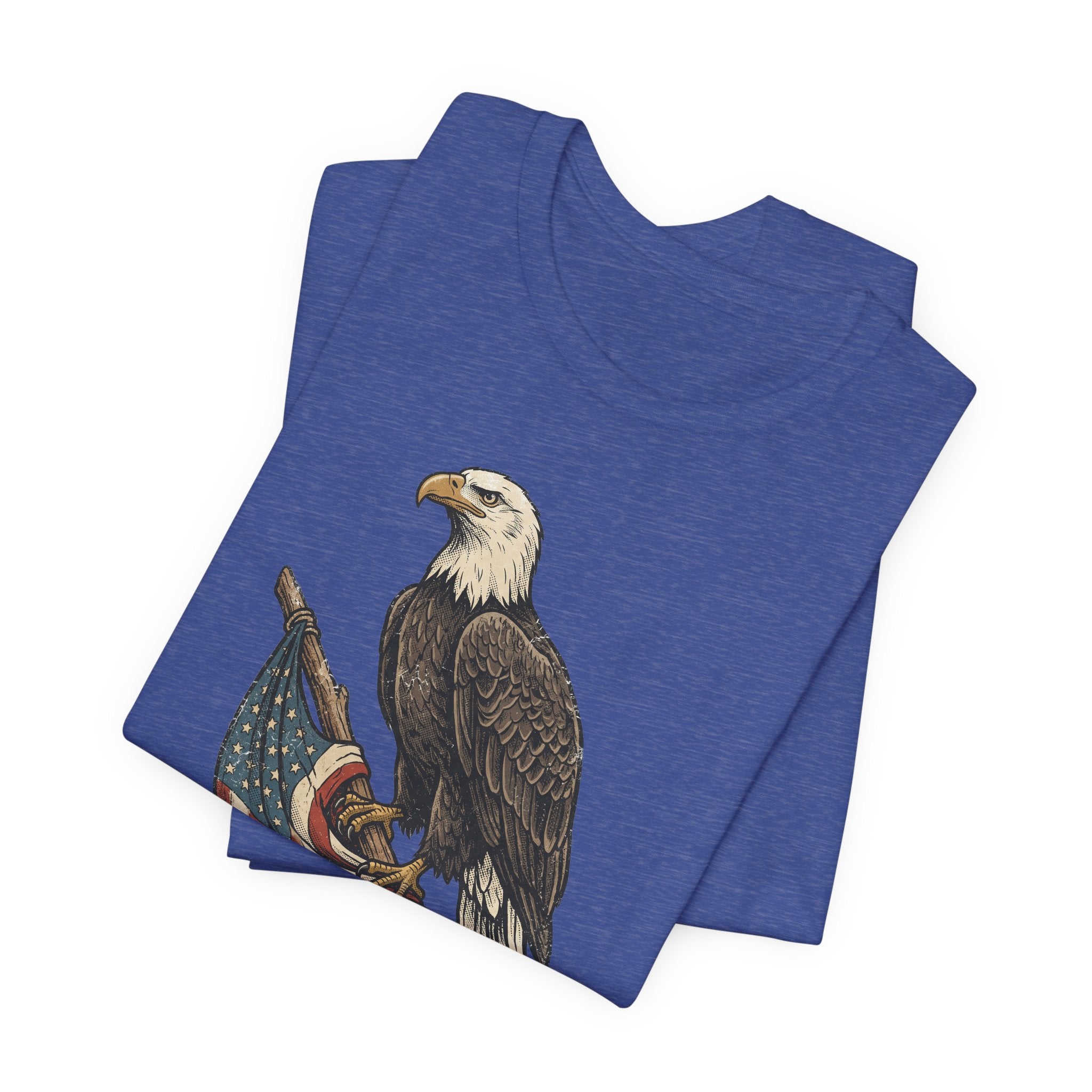 Royal blue t-shirt with vintage eagle and flag graphic, folded pair