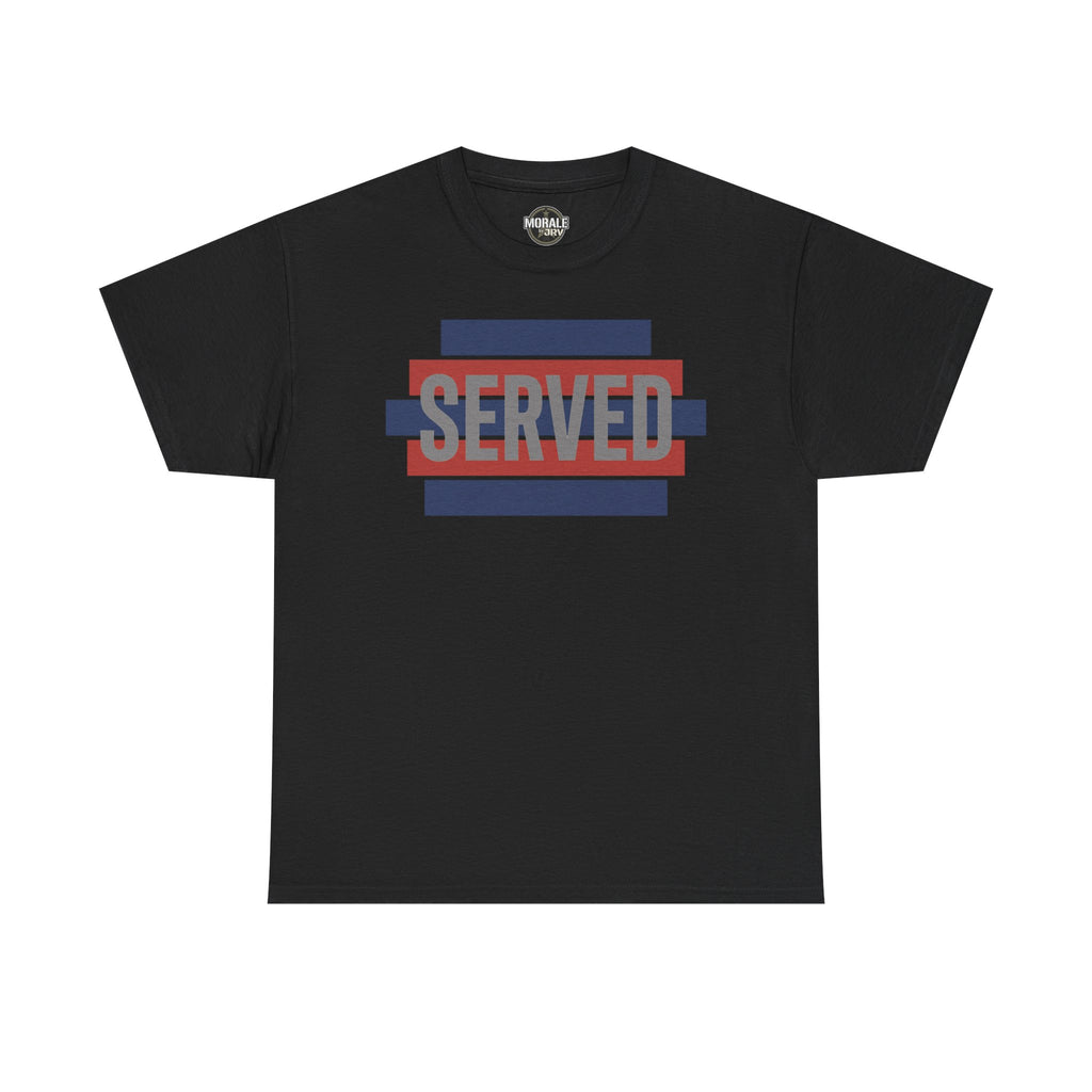 Black T-shirt with “SERVED” graphic in red, blue, and navy stripes at center chest