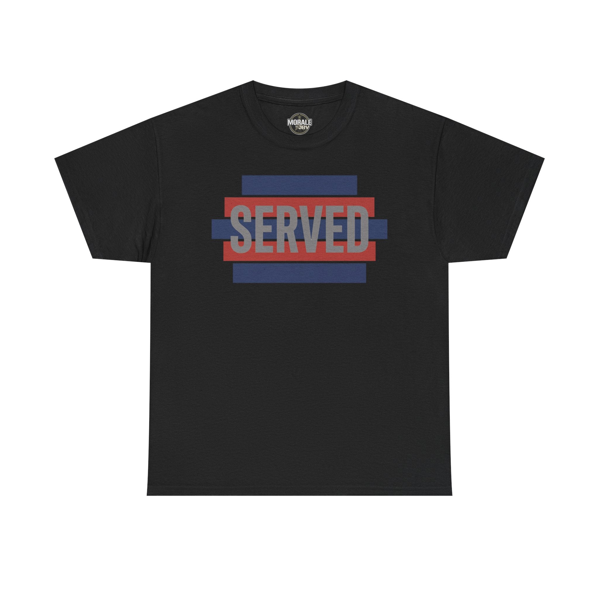 Black T-shirt with “SERVED” graphic in red, blue, and navy stripes at center chest