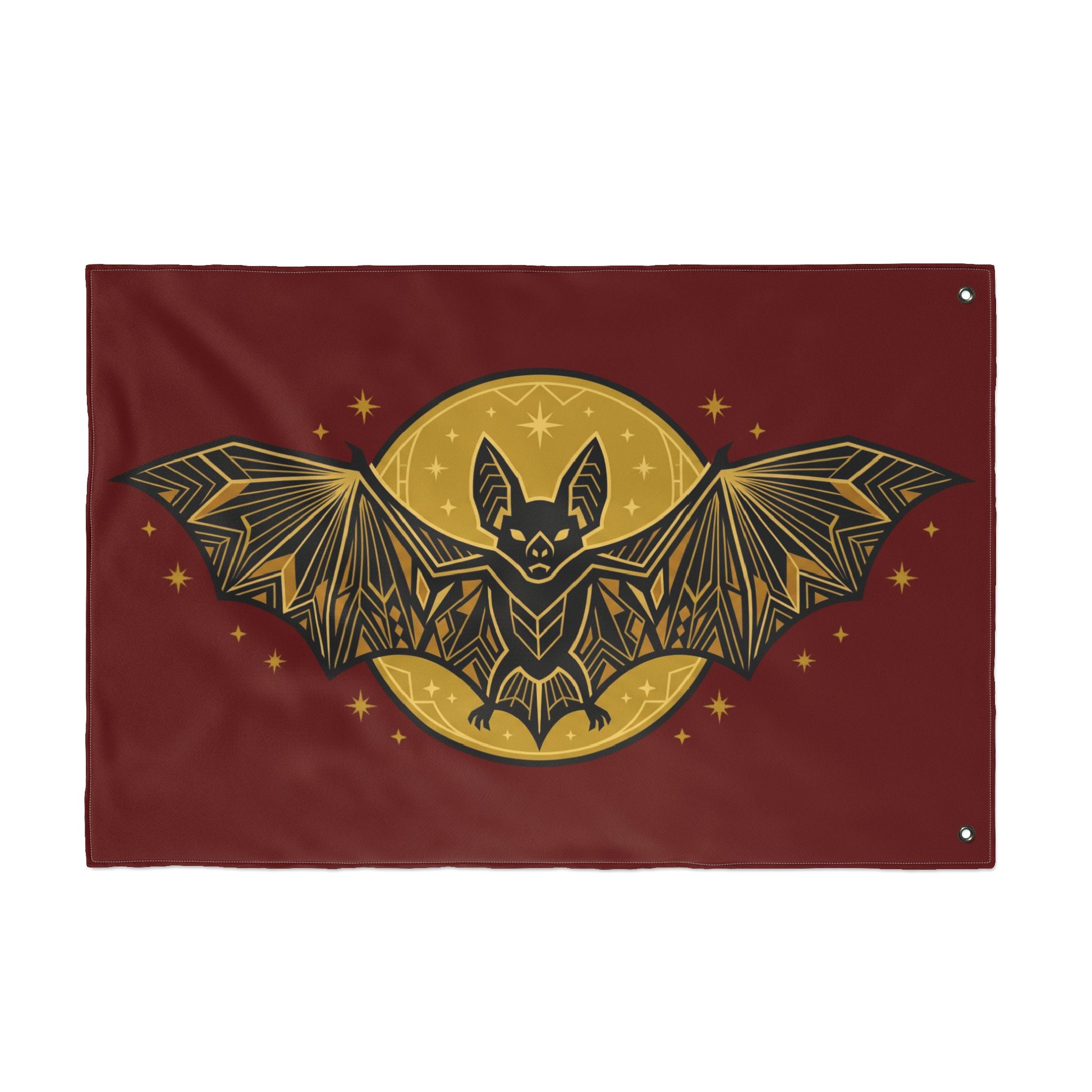 Burgundy bat moon banner with gold geometric bat, circular moon design, corner grommets