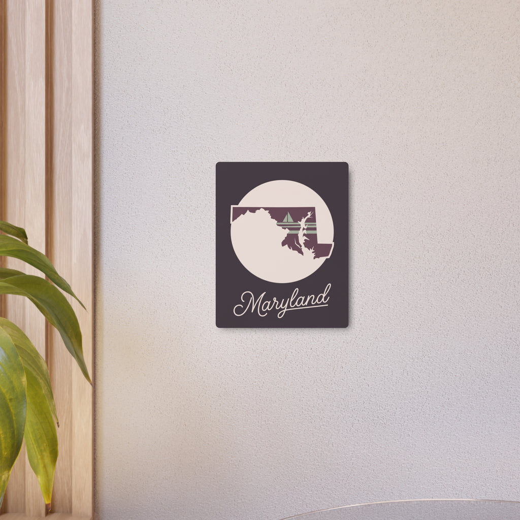 Small square dark purple Maryland metal wall art: circular state silhouette and script 'Maryland'