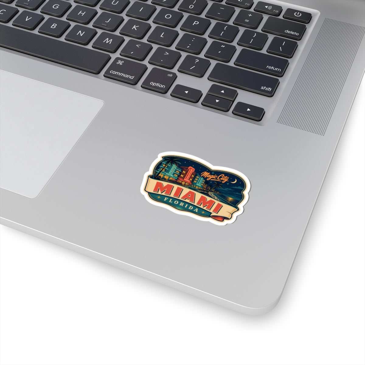 Miami luggage tag sticker decal with colorful retro arch and Florida text, white border