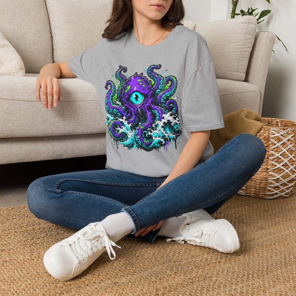 Light gray crew-neck T-shirt with purple cyclops octopus graphic and teal tentacles