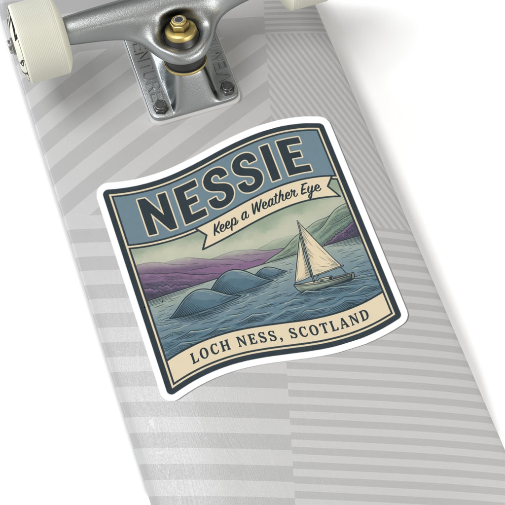 Loch Ness Scotland sticker on a striped tag with Nessie, sailboat, and vintage text