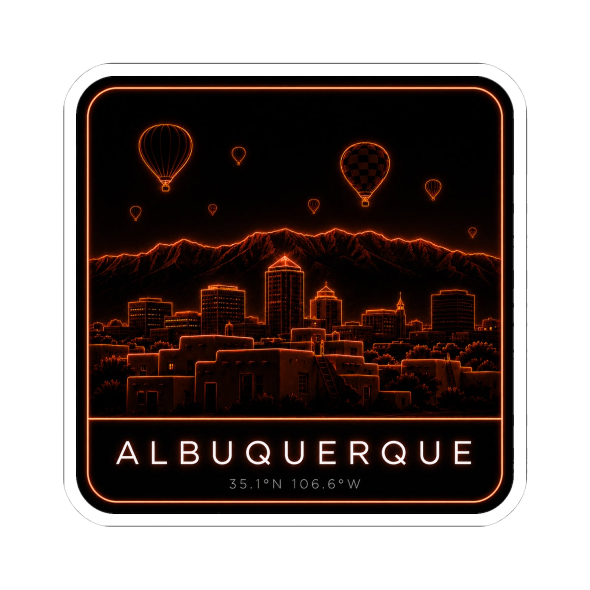 Albuquerque neon skyline city decal with orange hot-air balloons, mountain horizon, and border
