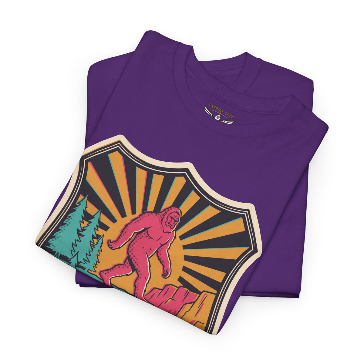 Purple T-shirt with large colorful desert monster patch graphic on front