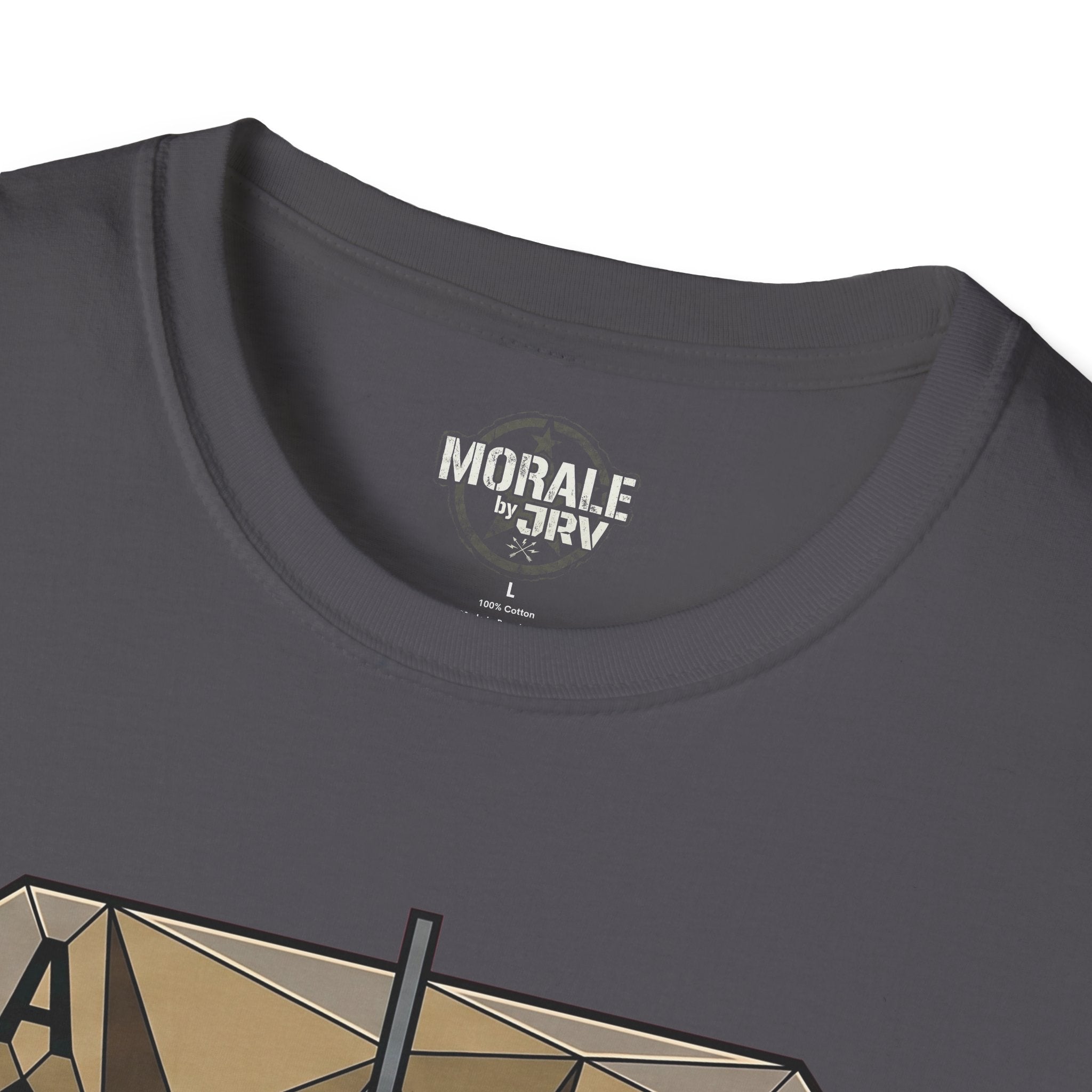 Dark charcoal T-shirt with “MORALE by JTRI” chest logo and partial graphic