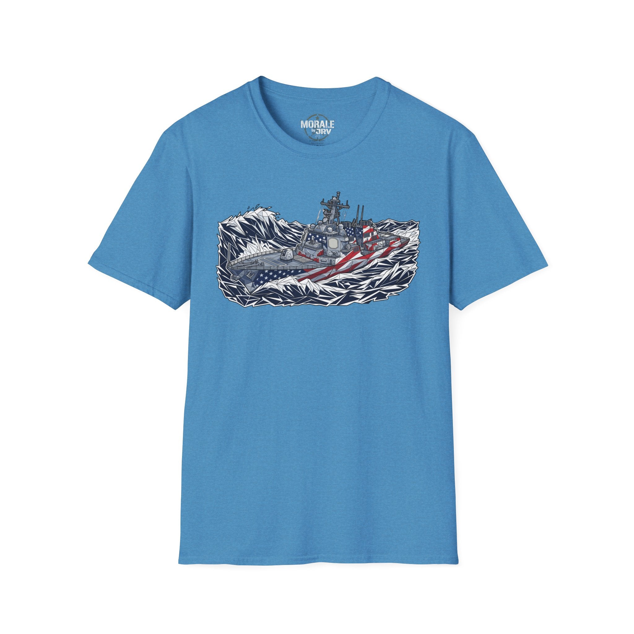 American flag battleship graphic T-shirt, blue shirt with warship and American flag waves