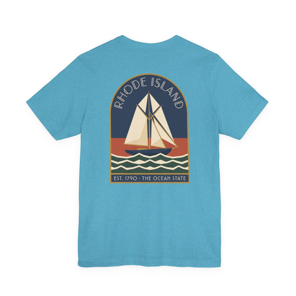 Light aqua t-shirt with front circular sailboat graphic and “Rhode Island” text