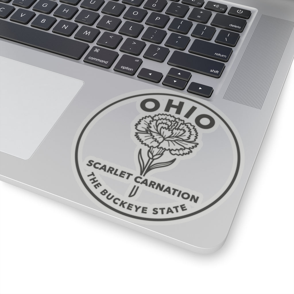 Round Ohio scarlet carnation decal on laptop lid, centered and clear