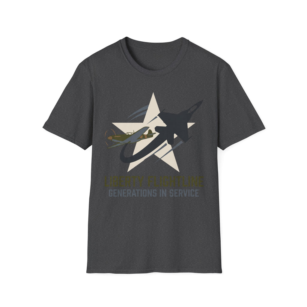 Dark gray crewneck t-shirt with jet graphic and “Liberty Flightline Generations in Service” print