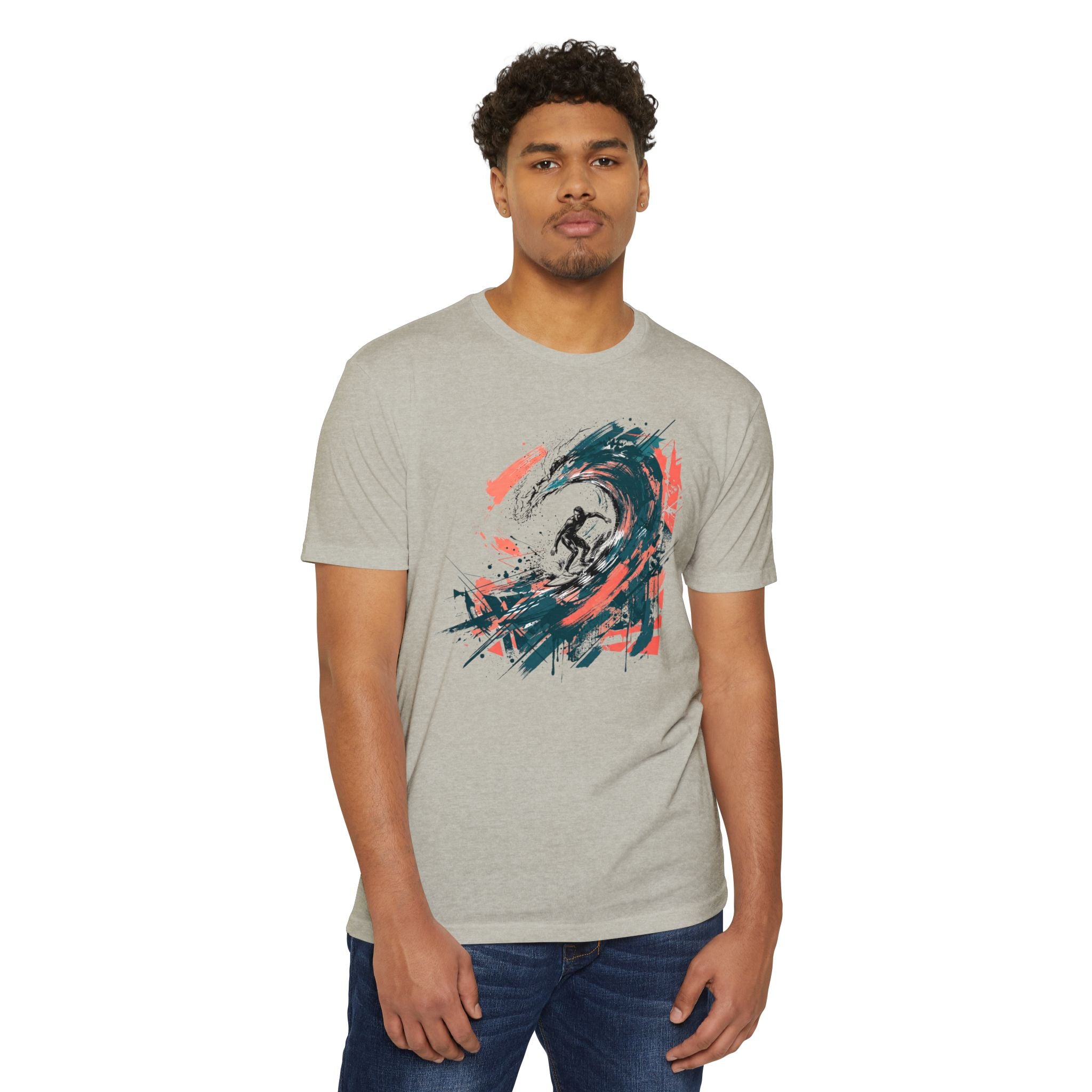 Heather gray T-shirt with wave paintbrush graphic on chest, crew neck