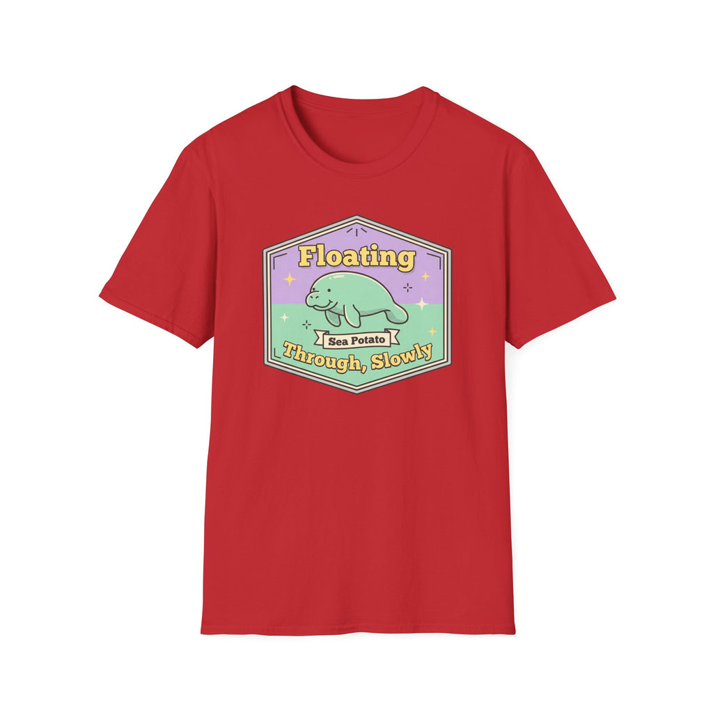 Red T-shirt with framed sea potato manatee illustration