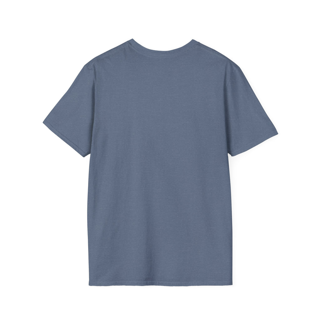 Blue-gray T-shirt in solid color with no graphic visible on the front