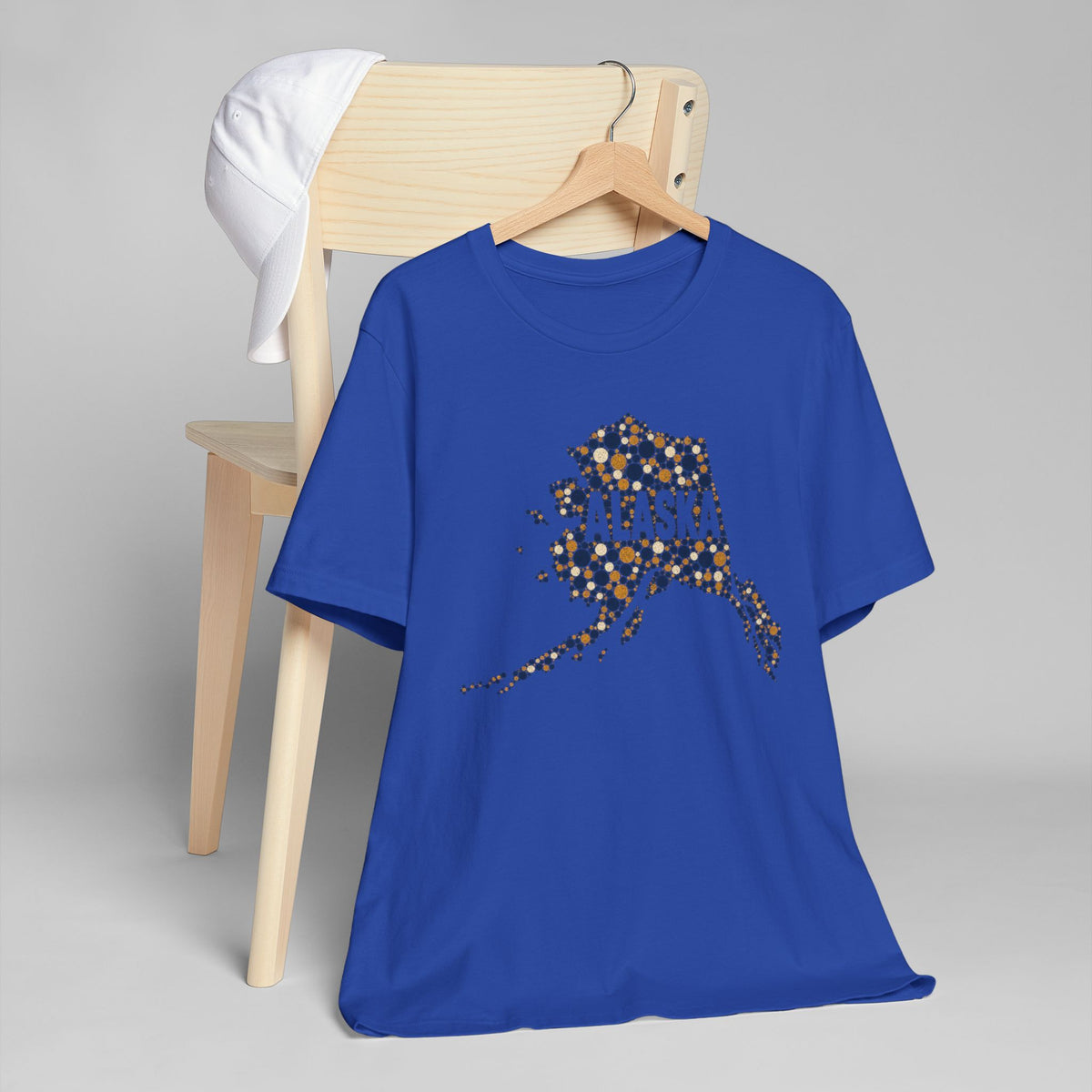 Alaska map graphic t-shirt, royal blue, short-sleeve crew neck with dotted Alaska outline