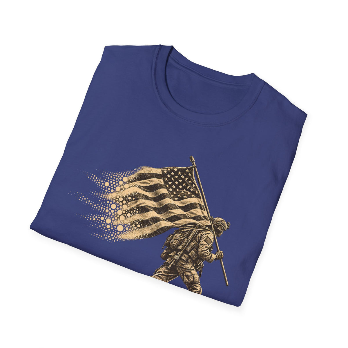 Royal blue crewneck T-shirt with soldier holding flag graphic, angled view