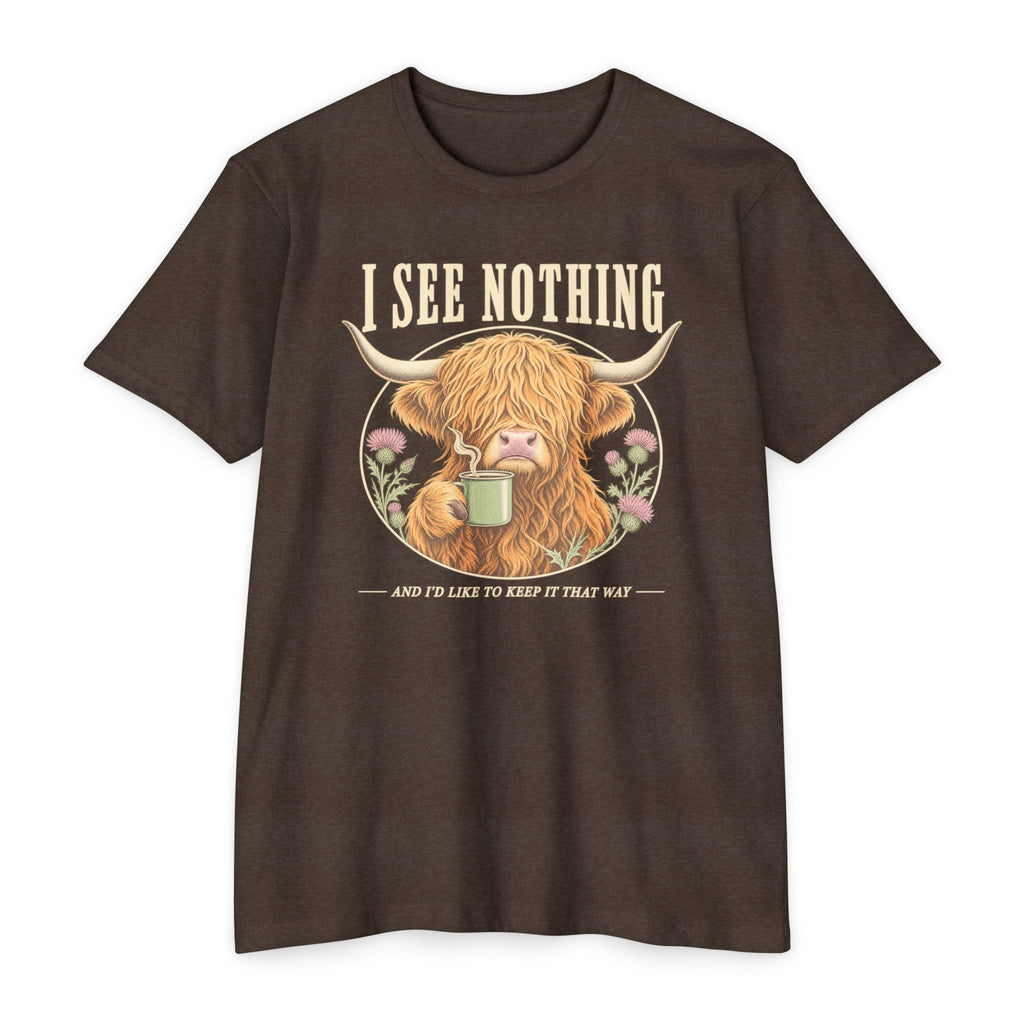Brown short-sleeve graphic T-shirt with Highland cow holding a coffee mug