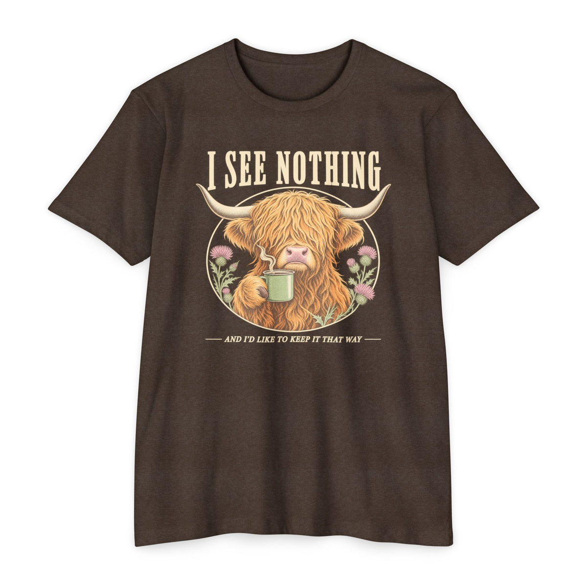 Brown short-sleeve graphic T-shirt with Highland cow holding a coffee mug