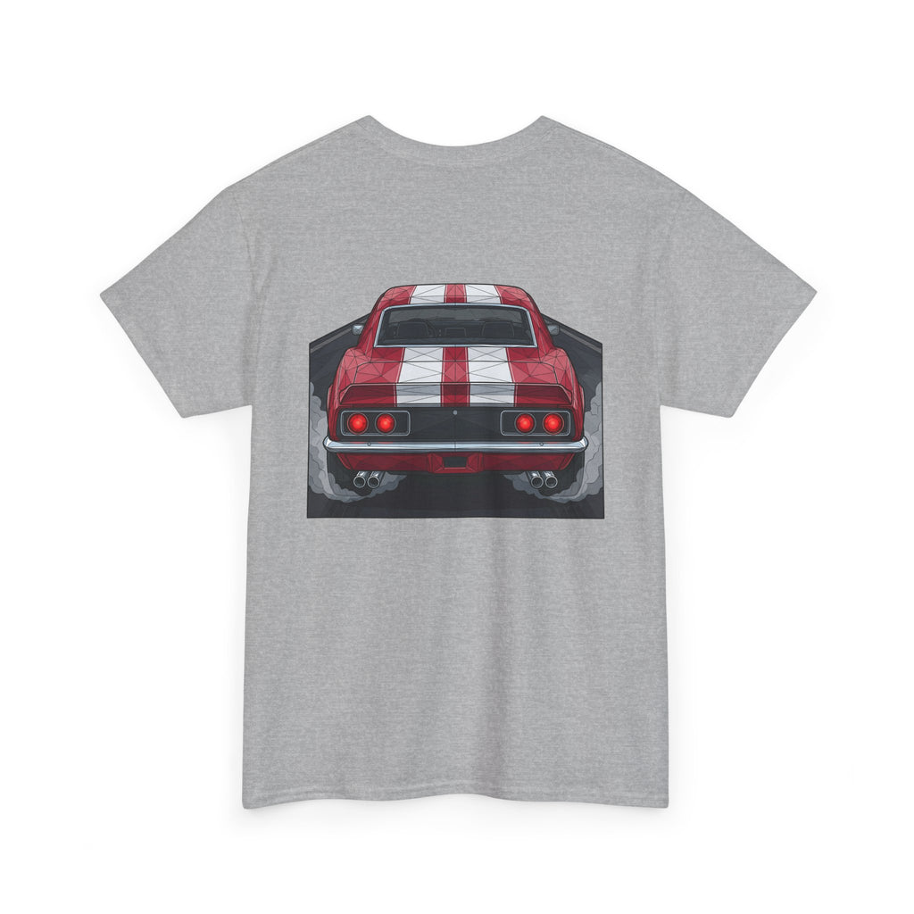Heather gray crew-neck tee with red vintage car rear graphic centered on back