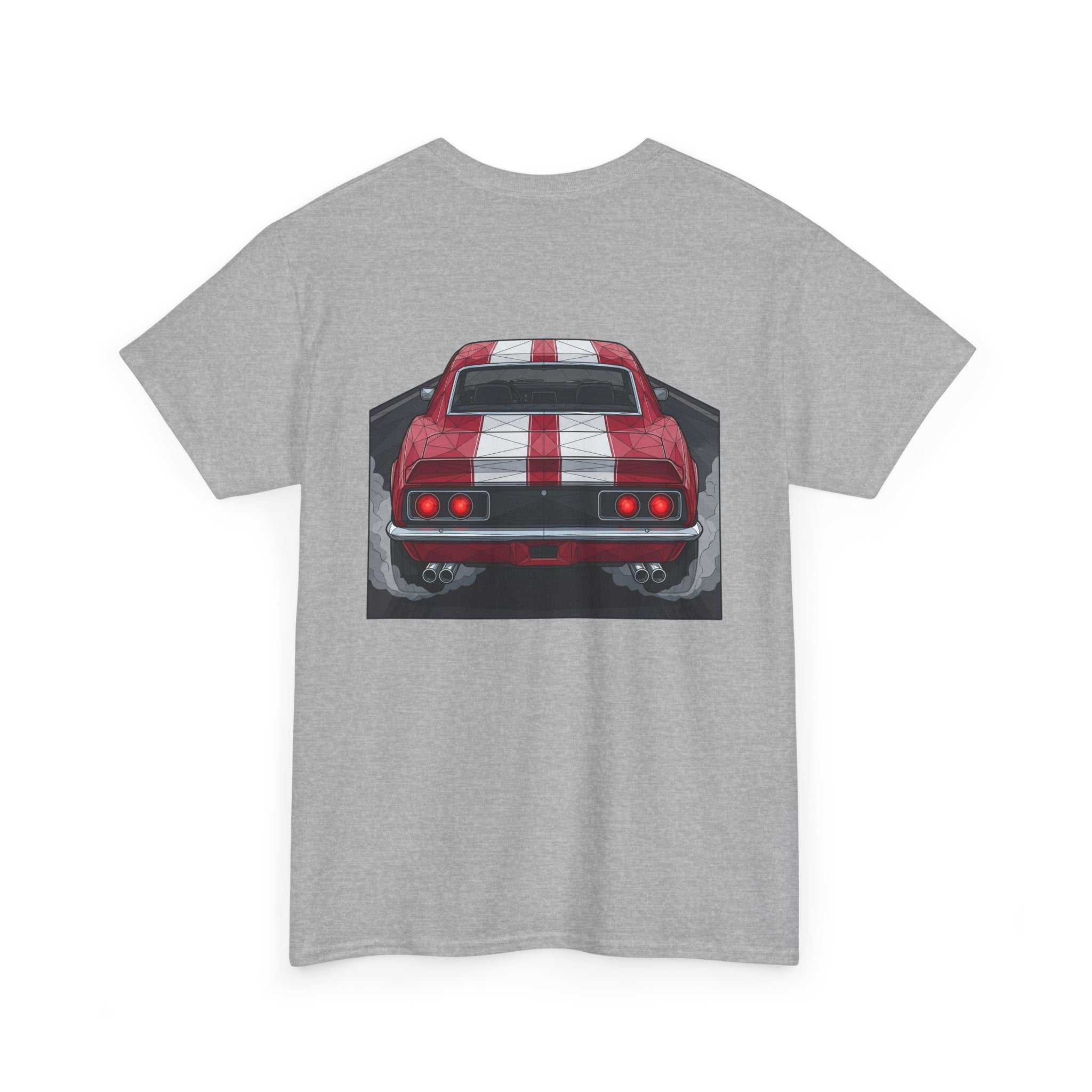 Heather gray crew-neck tee with red vintage car rear graphic centered on back