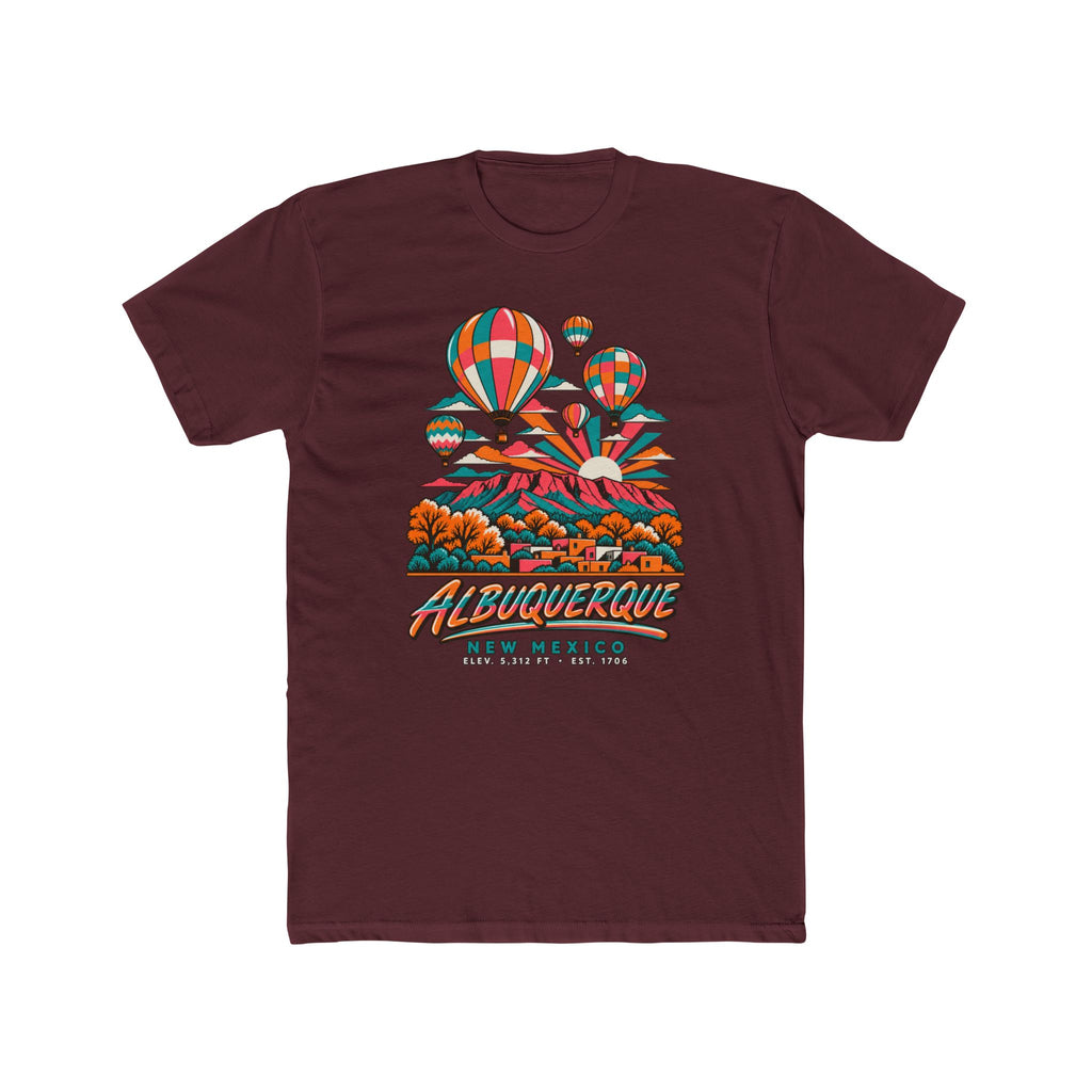 Maroon t-shirt with hot air balloon festival graphic and Albuquerque New Mexico text