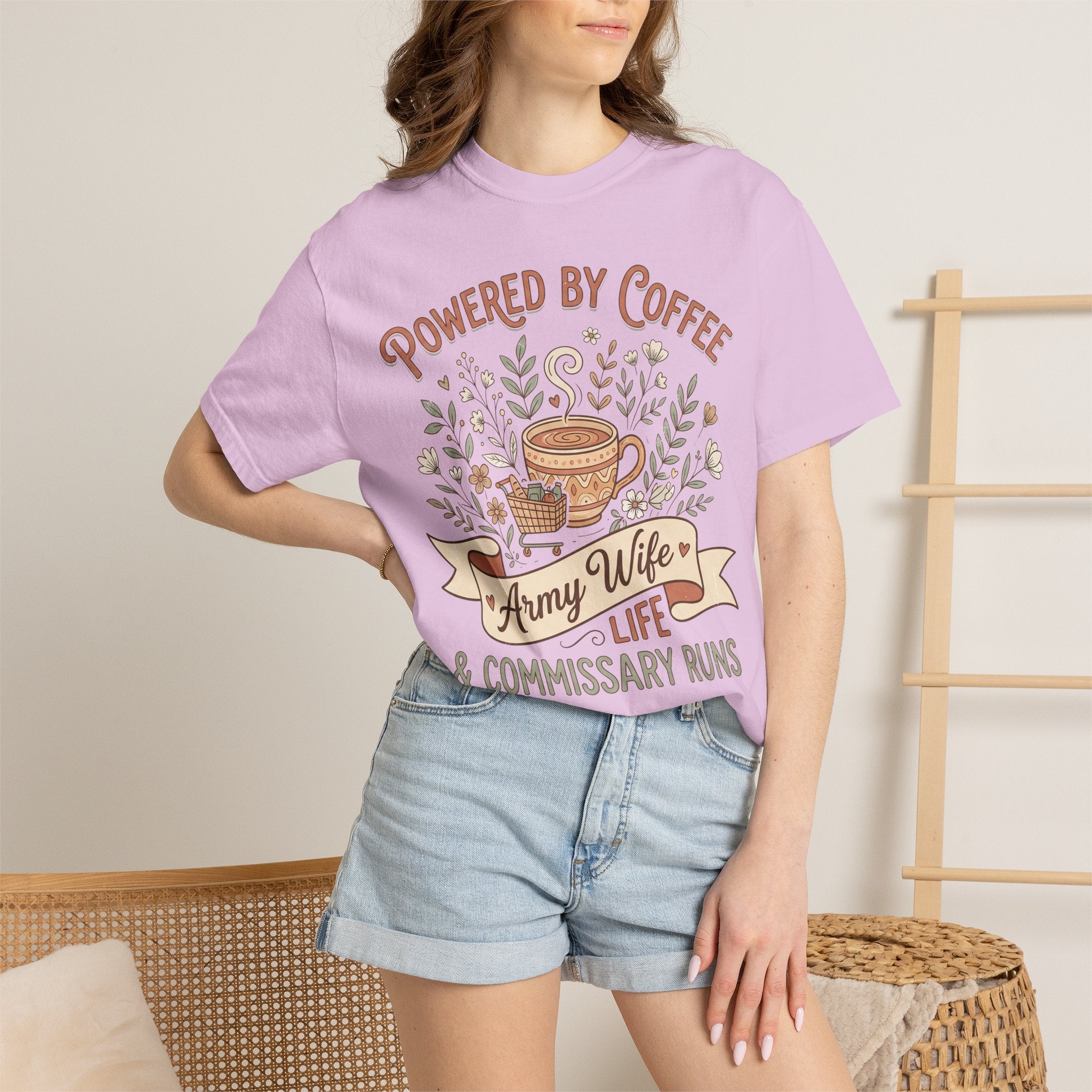 Pink T-shirt on model with "Powered by Coffee" floral coffee cup and Army Wife text