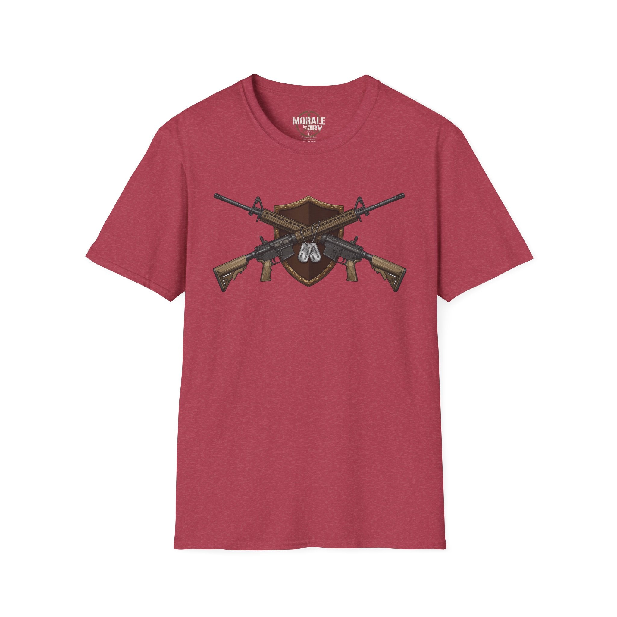 Burgundy T-shirt with crossed rifles shield emblem graphic centered on front