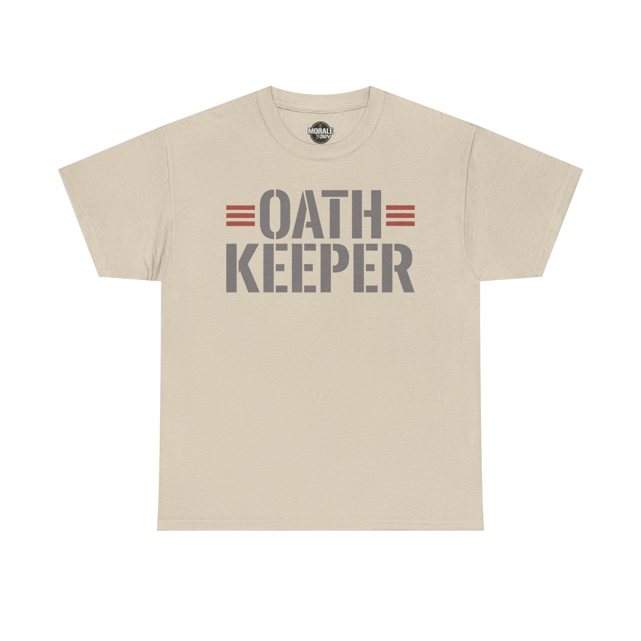Beige T-shirt with 'OATH KEEPER' patriotic graphic
