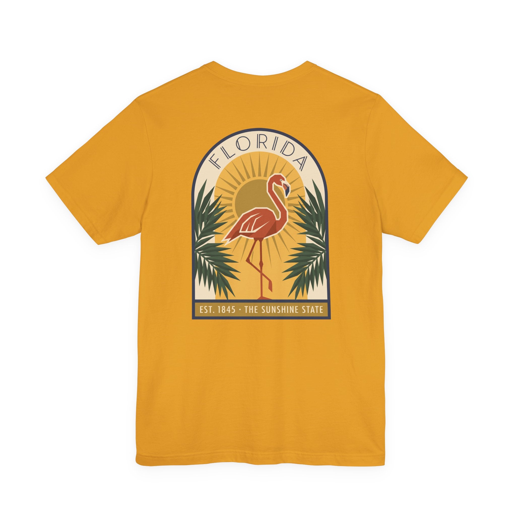 Mustard flamingo art deco T-shirt with Florida badge and palm graphic