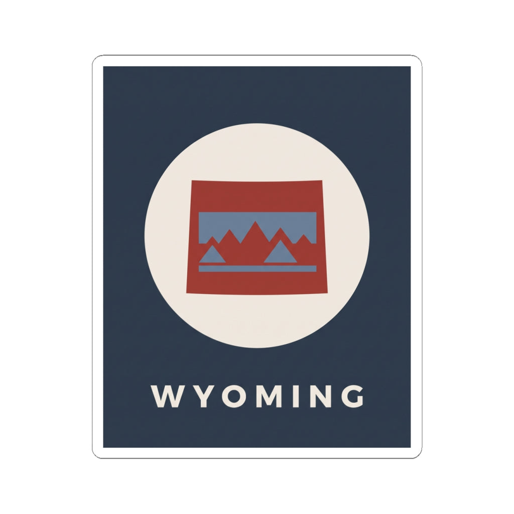 Square Wyoming state sticker showing circular mountain badge and “WYOMING” lettering.