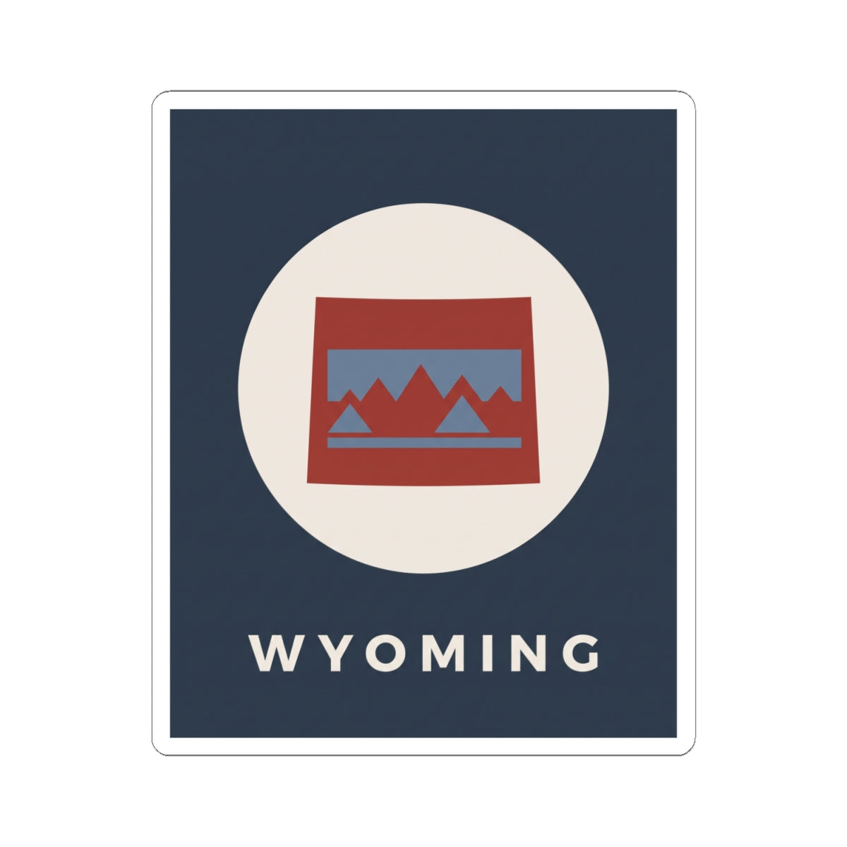 Square Wyoming state sticker showing circular mountain badge and “WYOMING” lettering.