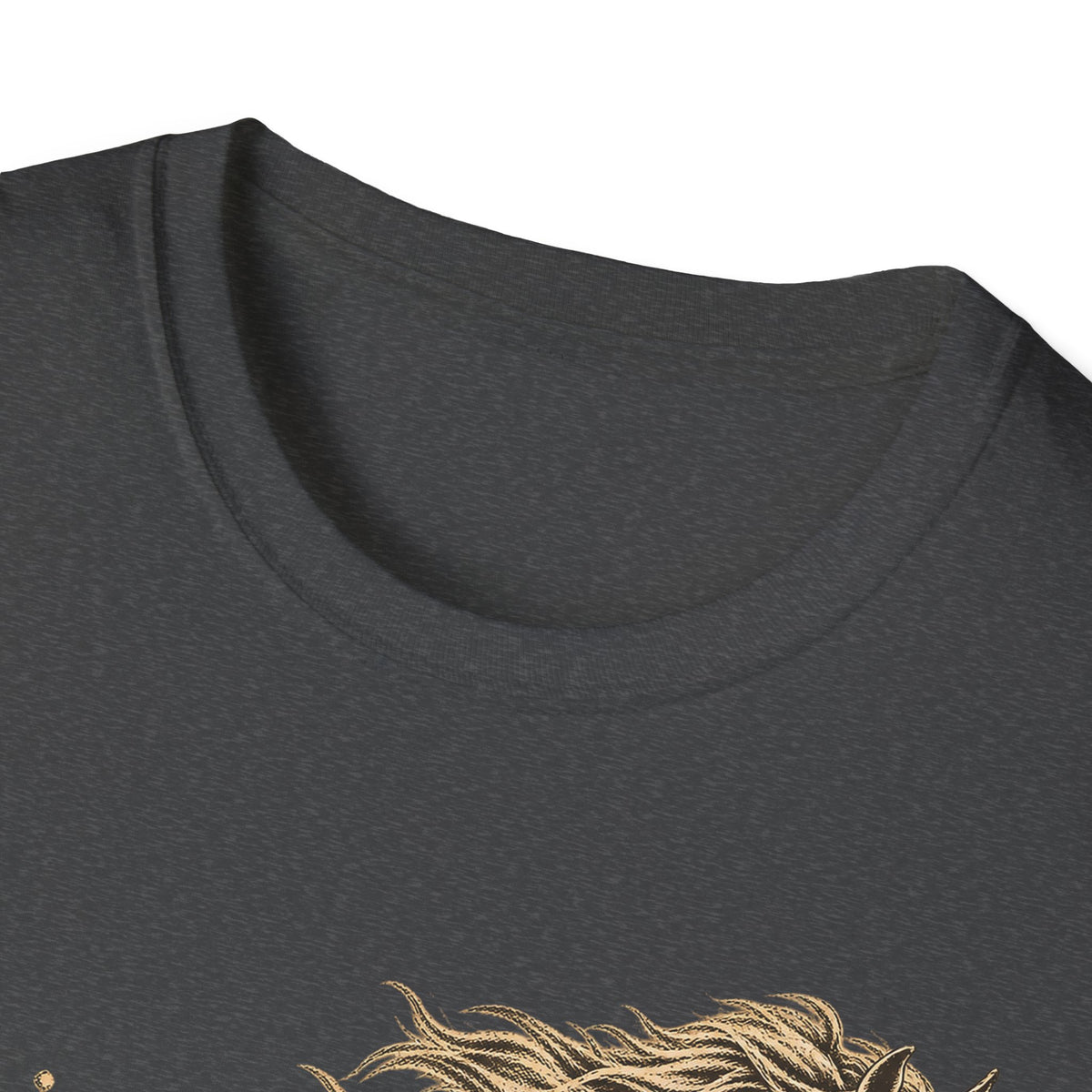 Dark T-shirt with gold running horse graphic, shown at neckline and upper chest.