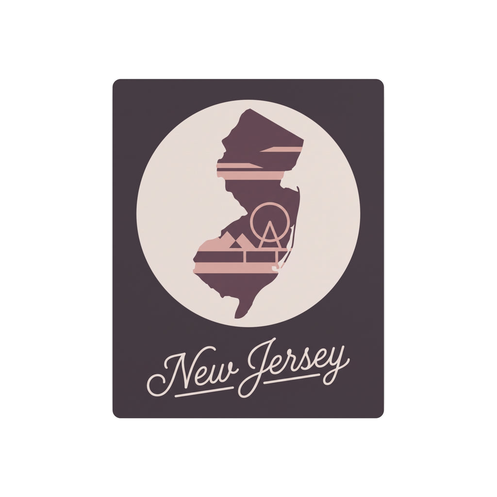 Square metal wall art with mauve New Jersey silhouette and “New Jersey” script