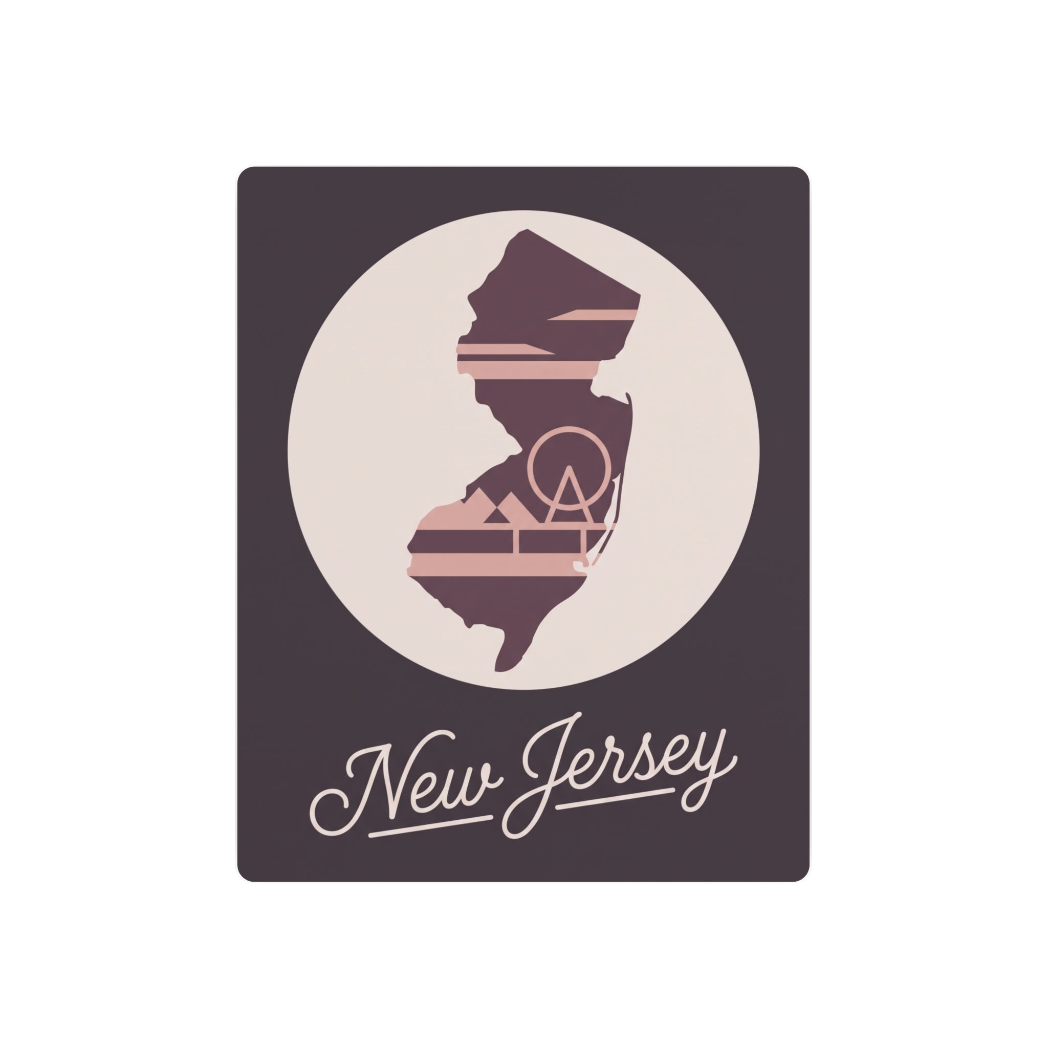 Square metal wall art with mauve New Jersey silhouette and “New Jersey” script