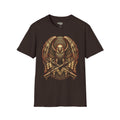 Dark chocolate T-shirt with warrior owl shield emblem and crossed axes graphic