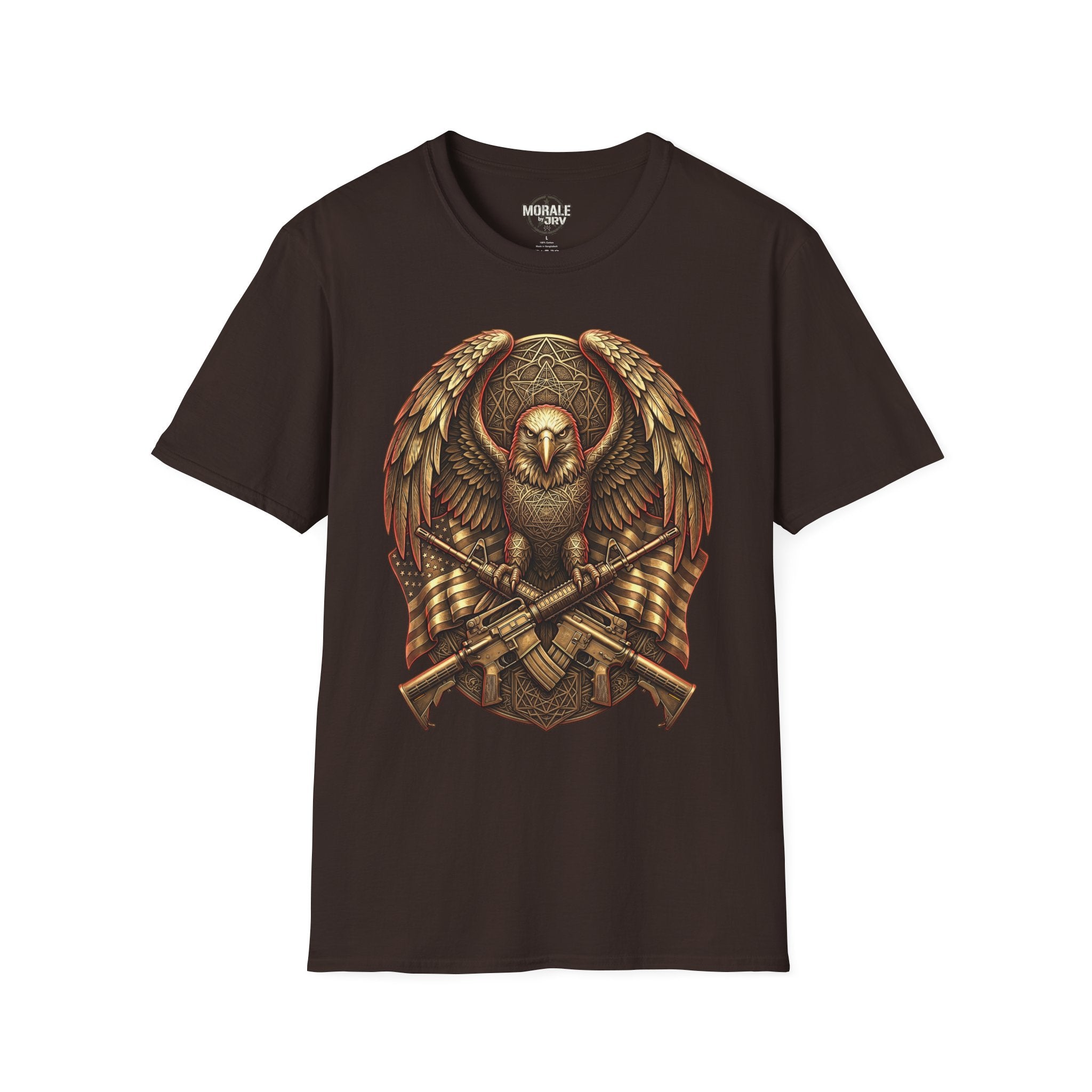 Dark chocolate T-shirt with warrior owl shield emblem and crossed axes graphic