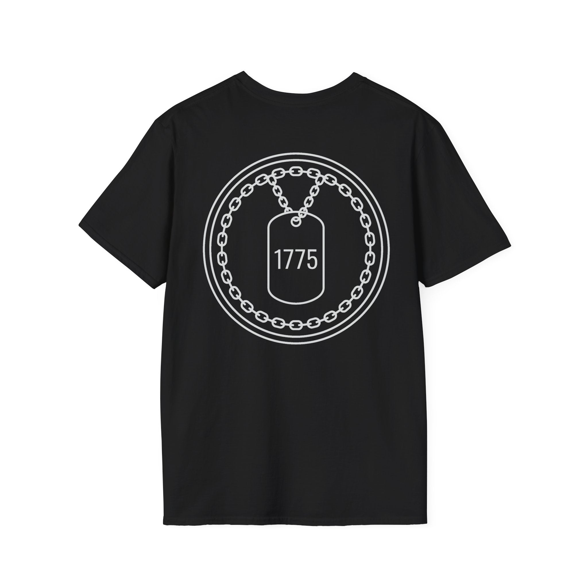 Black T-shirt with circular dog tag graphic reading 1775
