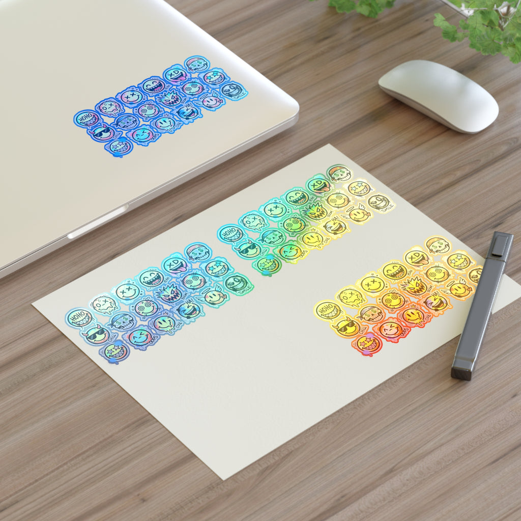 Emoji face icons decals on white sheet: blue group and yellow group