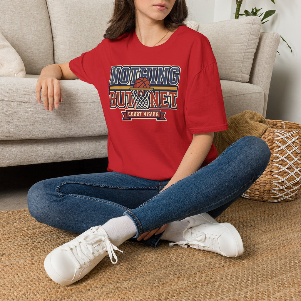 Red crew-neck T-shirt with 'Nothing But Net' court vision graphic