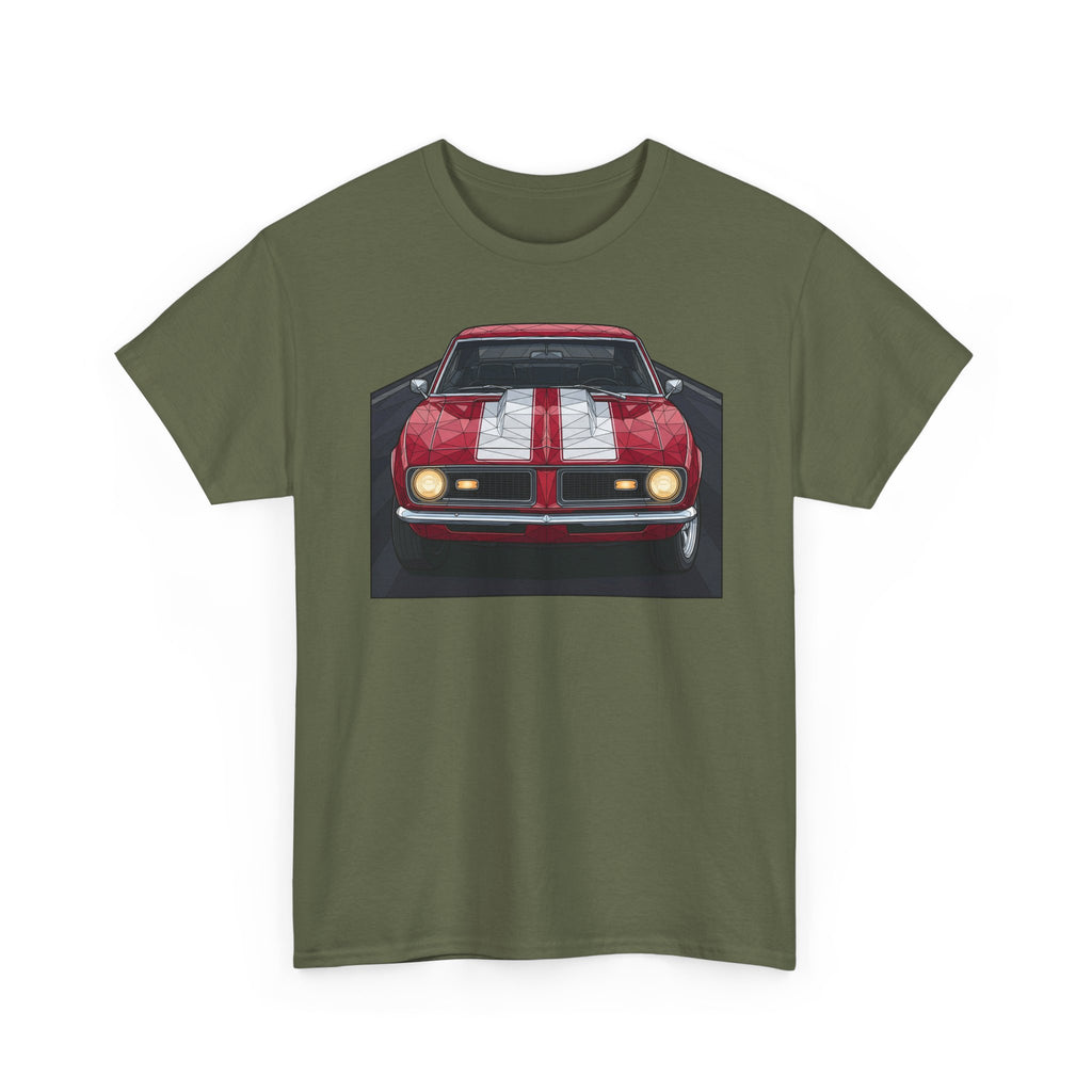 Olive green crew-neck tee with red vintage car front graphic centered on chest