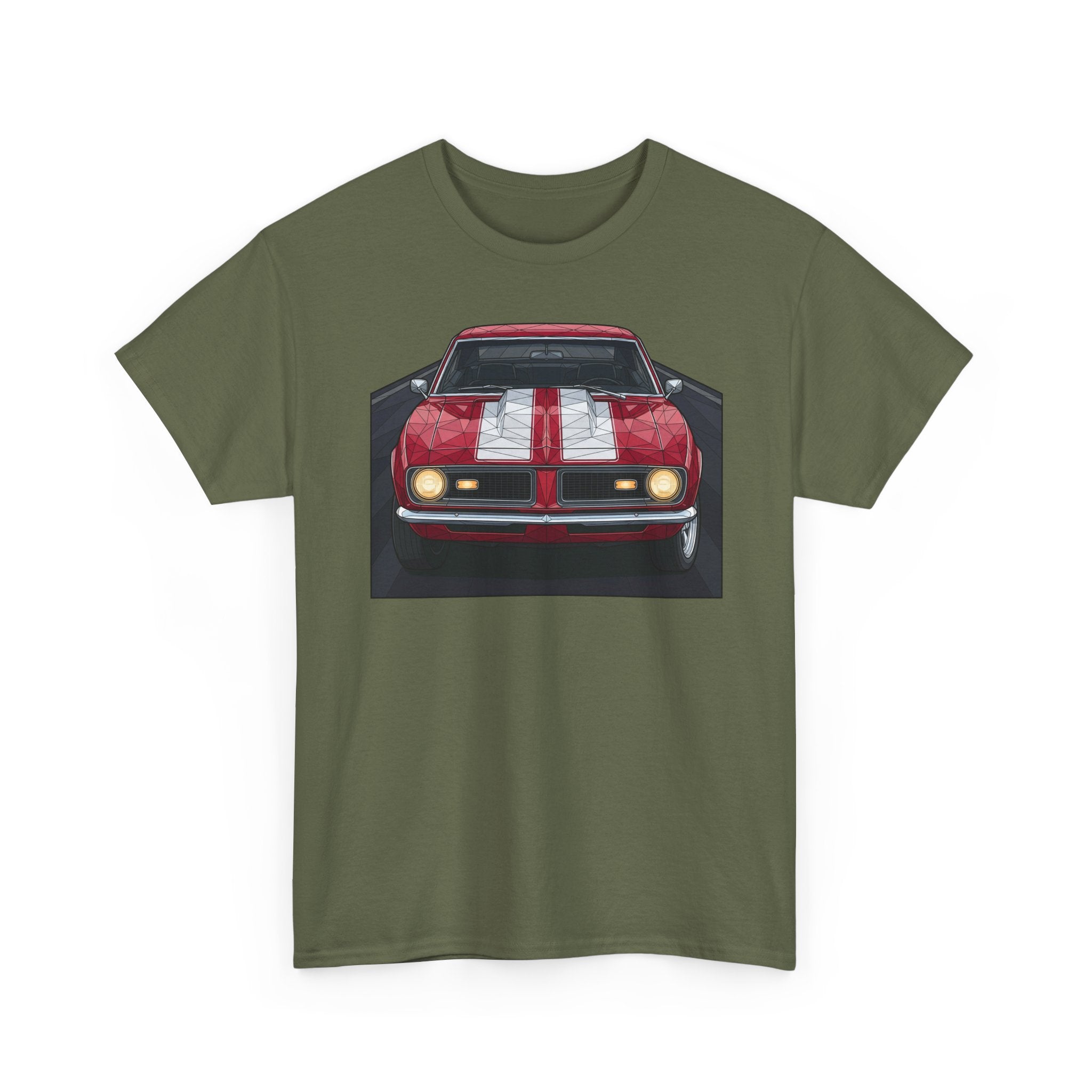 Olive green crew-neck tee with red vintage car front graphic centered on chest