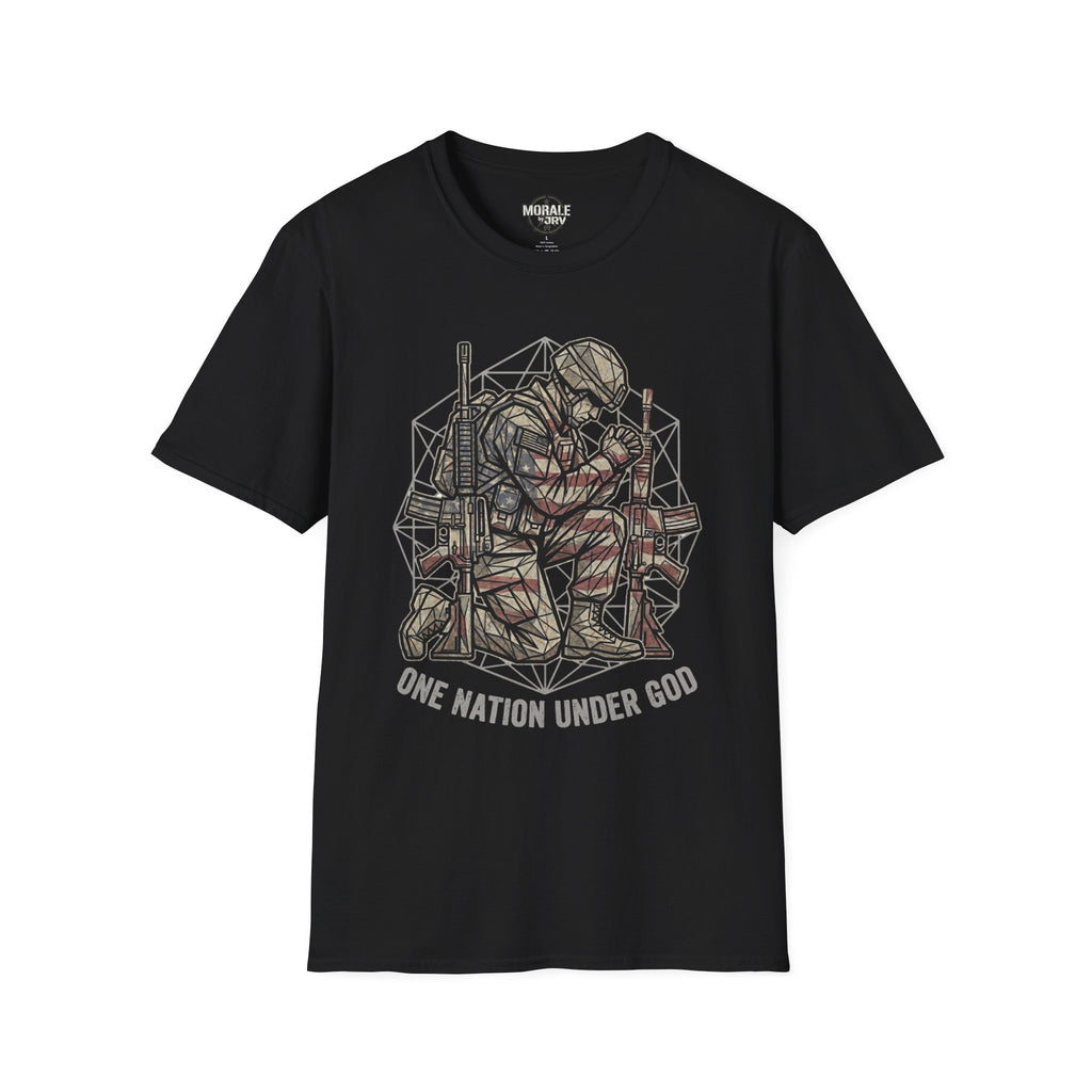 Black T-shirt with praying soldier illustration and “ONE NATION UNDER GOD” text