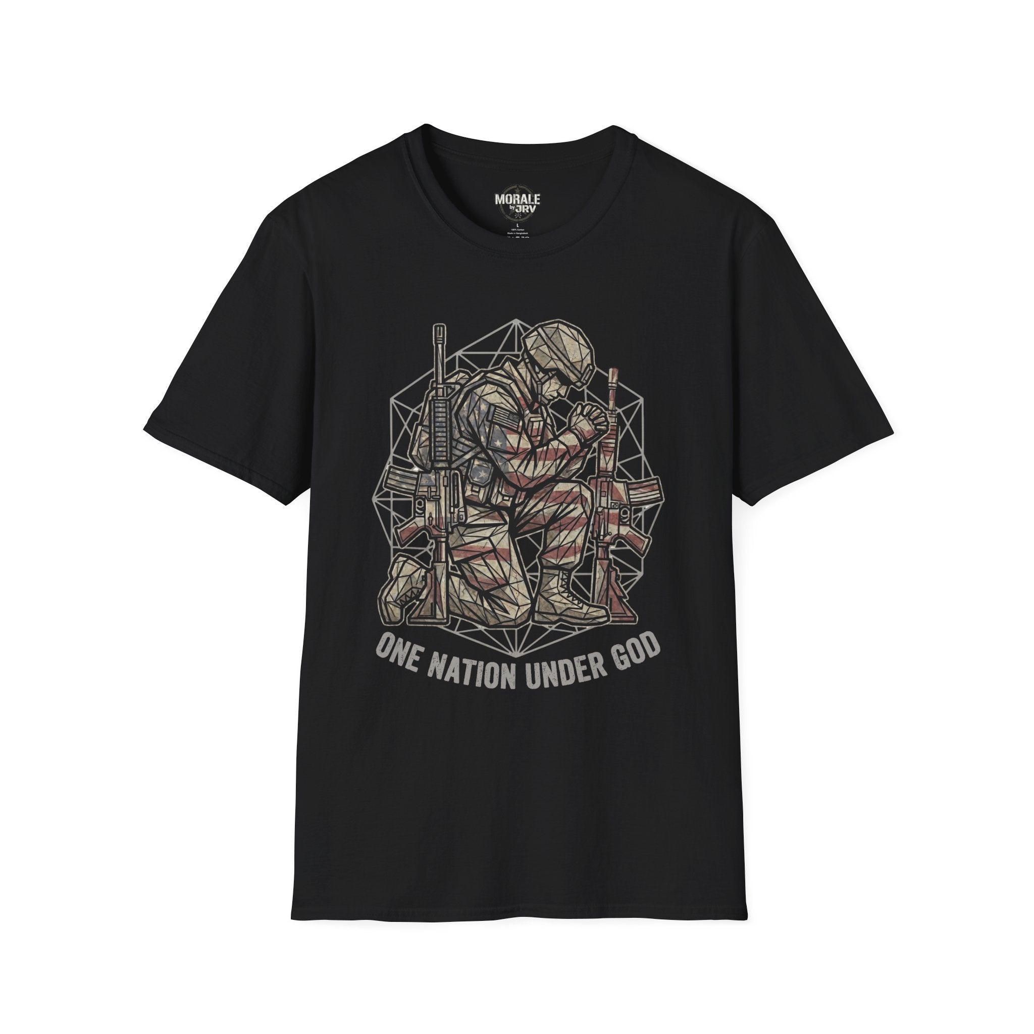 Black T-shirt with praying soldier illustration and “ONE NATION UNDER GOD” text