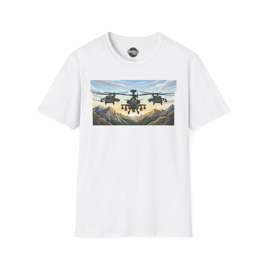White T-shirt with helicopter graphic above a mountain valley scene
