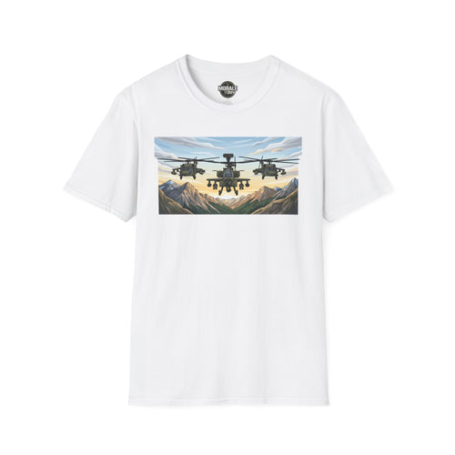 White T-shirt with helicopter graphic above a mountain valley scene