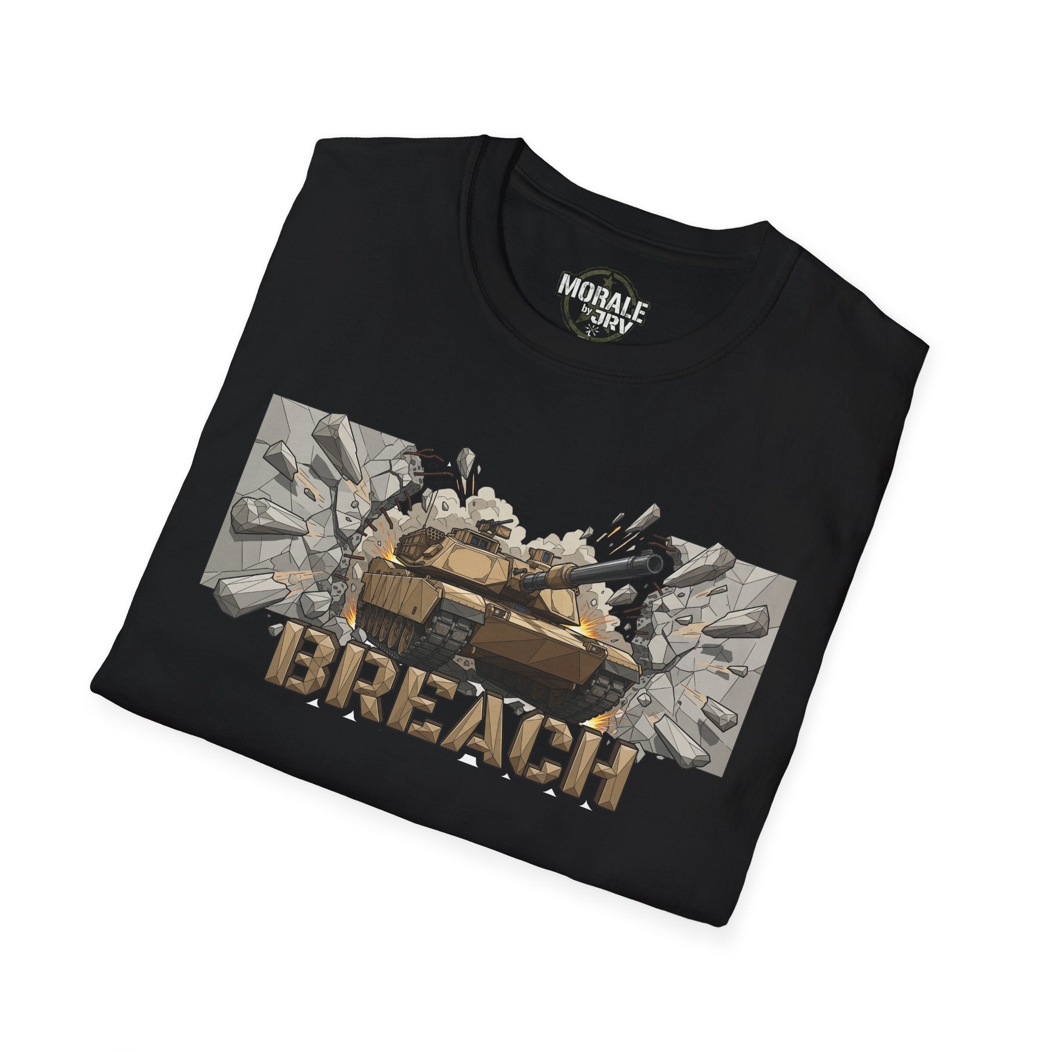 Black tank graphic T-shirt with camouflage “BREACH” front print