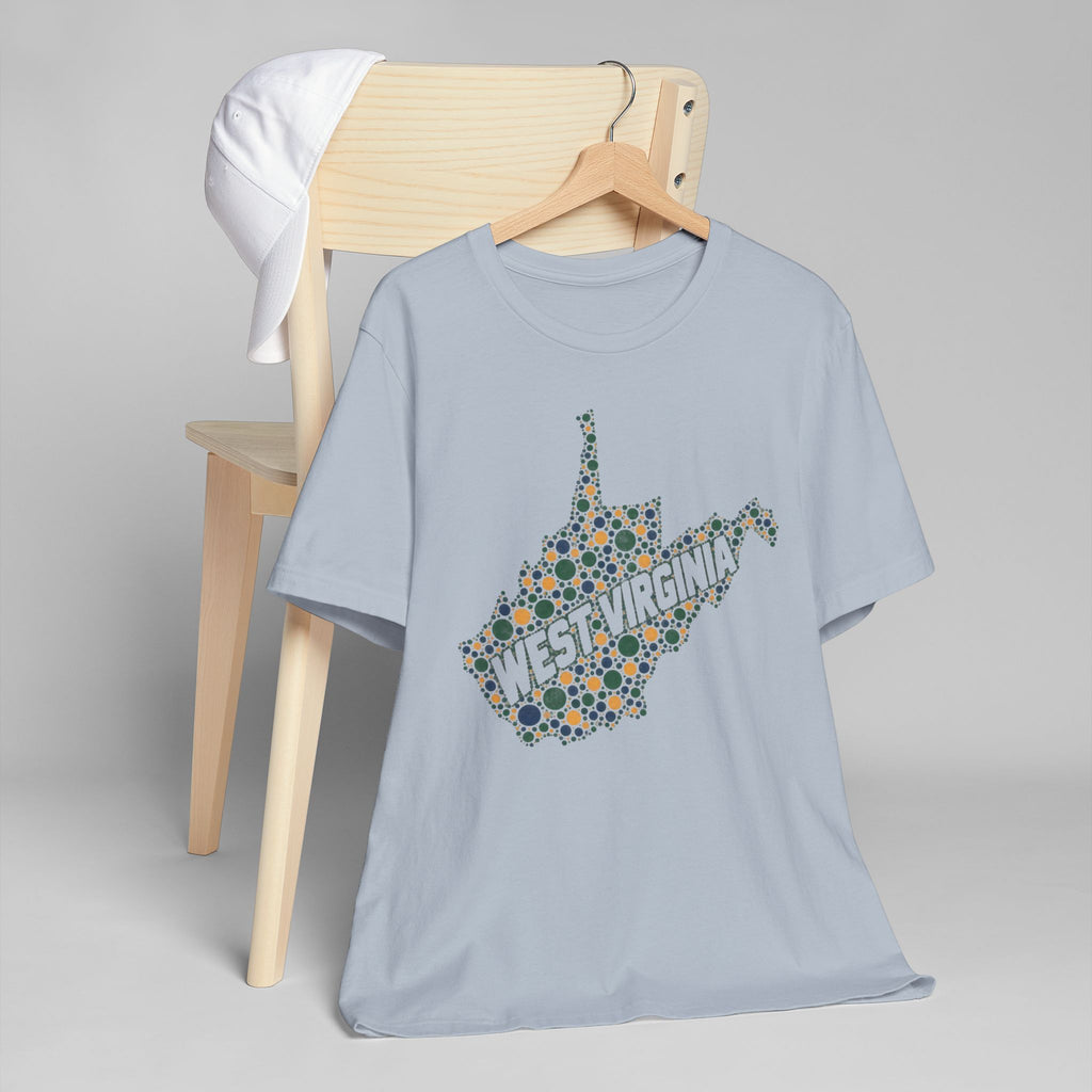 Light blue T-shirt with dotted West Virginia map graphic and outlined lettering.