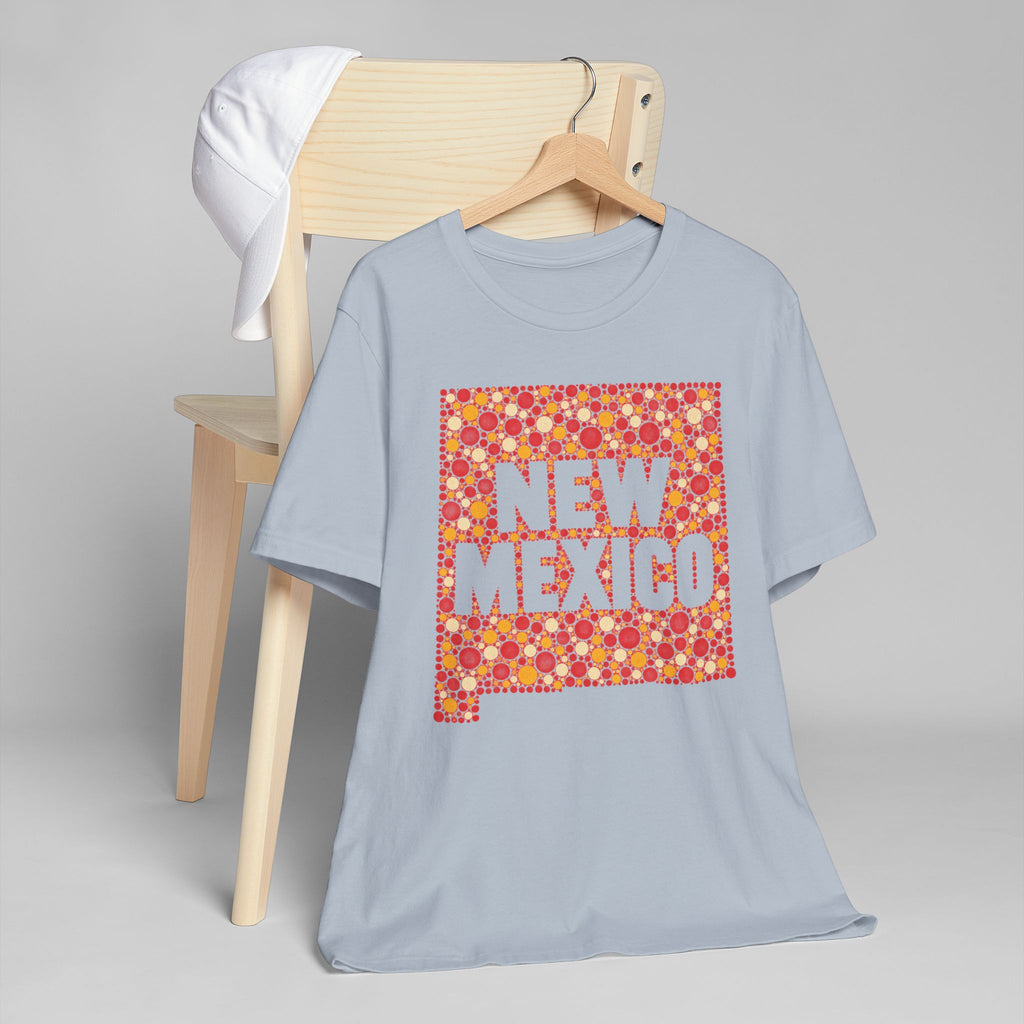 Light blue crew-neck T-shirt with red and yellow "NEW MEXICO" graphic