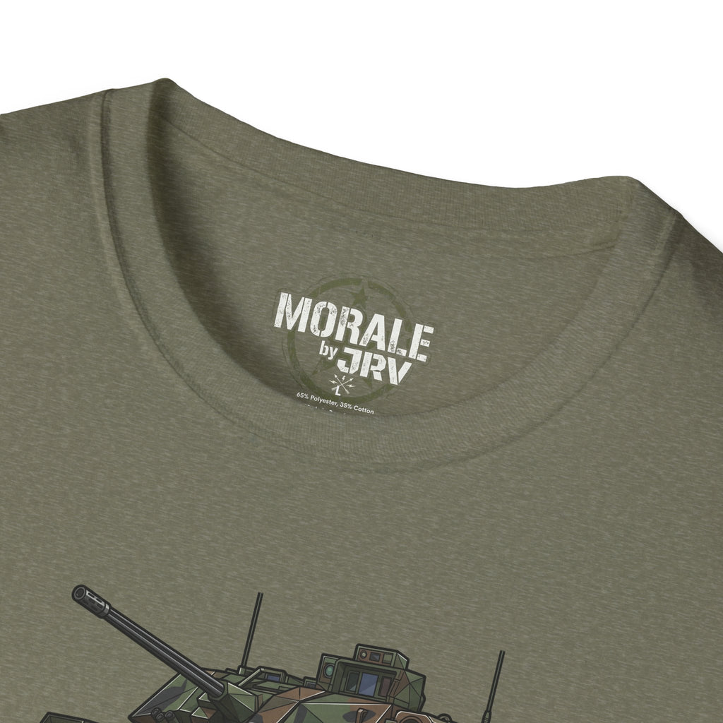 Olive T-shirt neckline with emblem and partial tank graphic